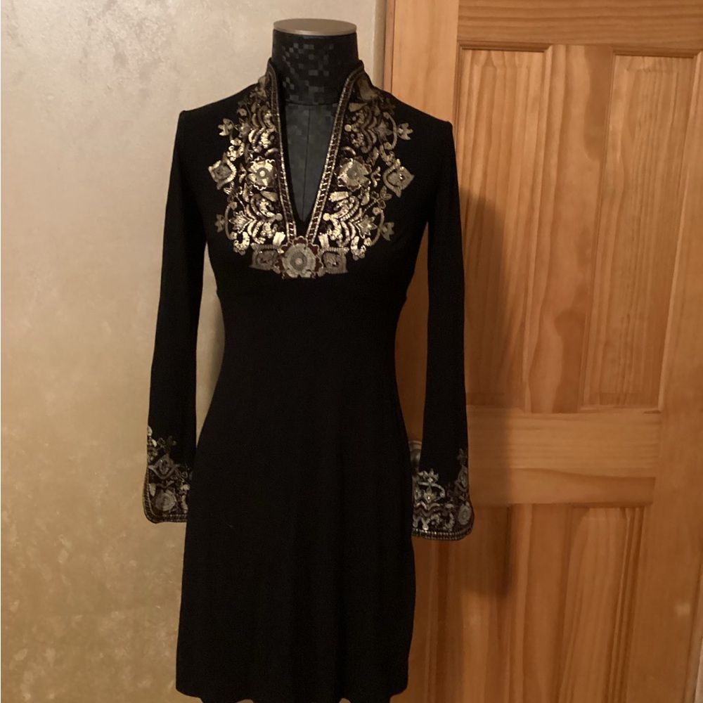 Cache Black Dress with Gold Embroidery